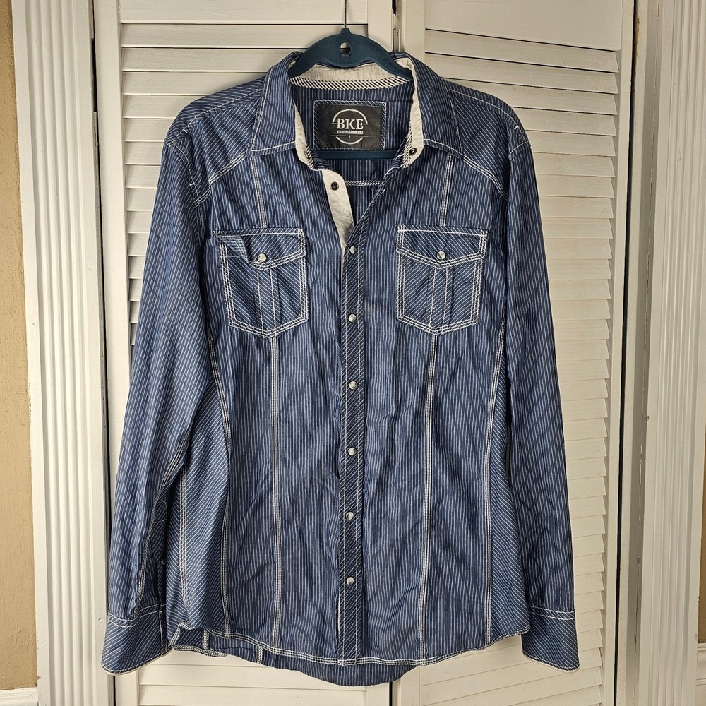 BKE Mens Athletic Fit Blue Striped Pearl Snap‎ Long Sleeve Button Down Shirt Lg